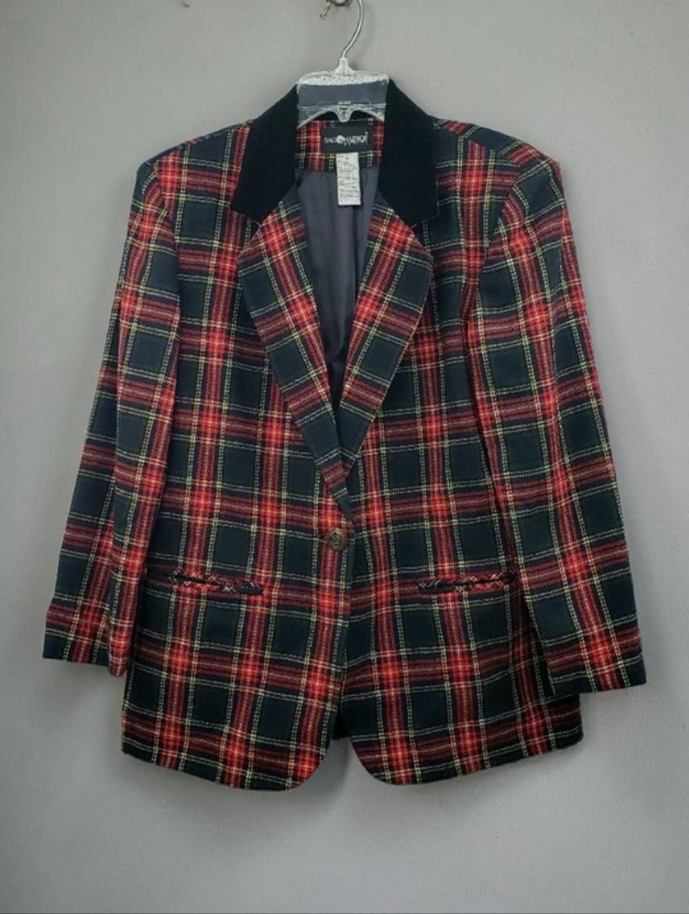Vtg Sag Harbor Tartan Plaid Blazer Women's 10P Navy Red Wool Blend Velvet Collar
